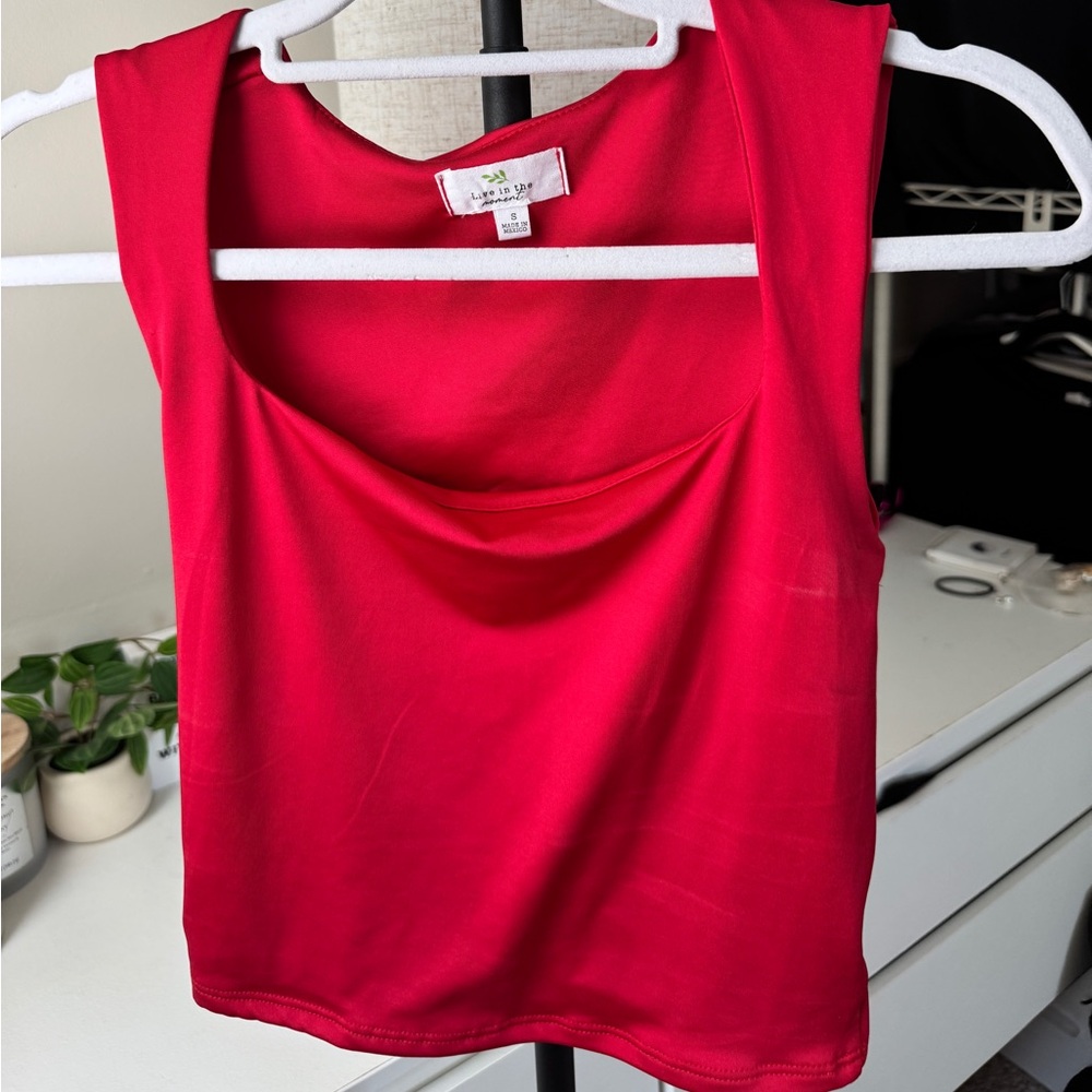 Red Satin Square Neck Tank Top